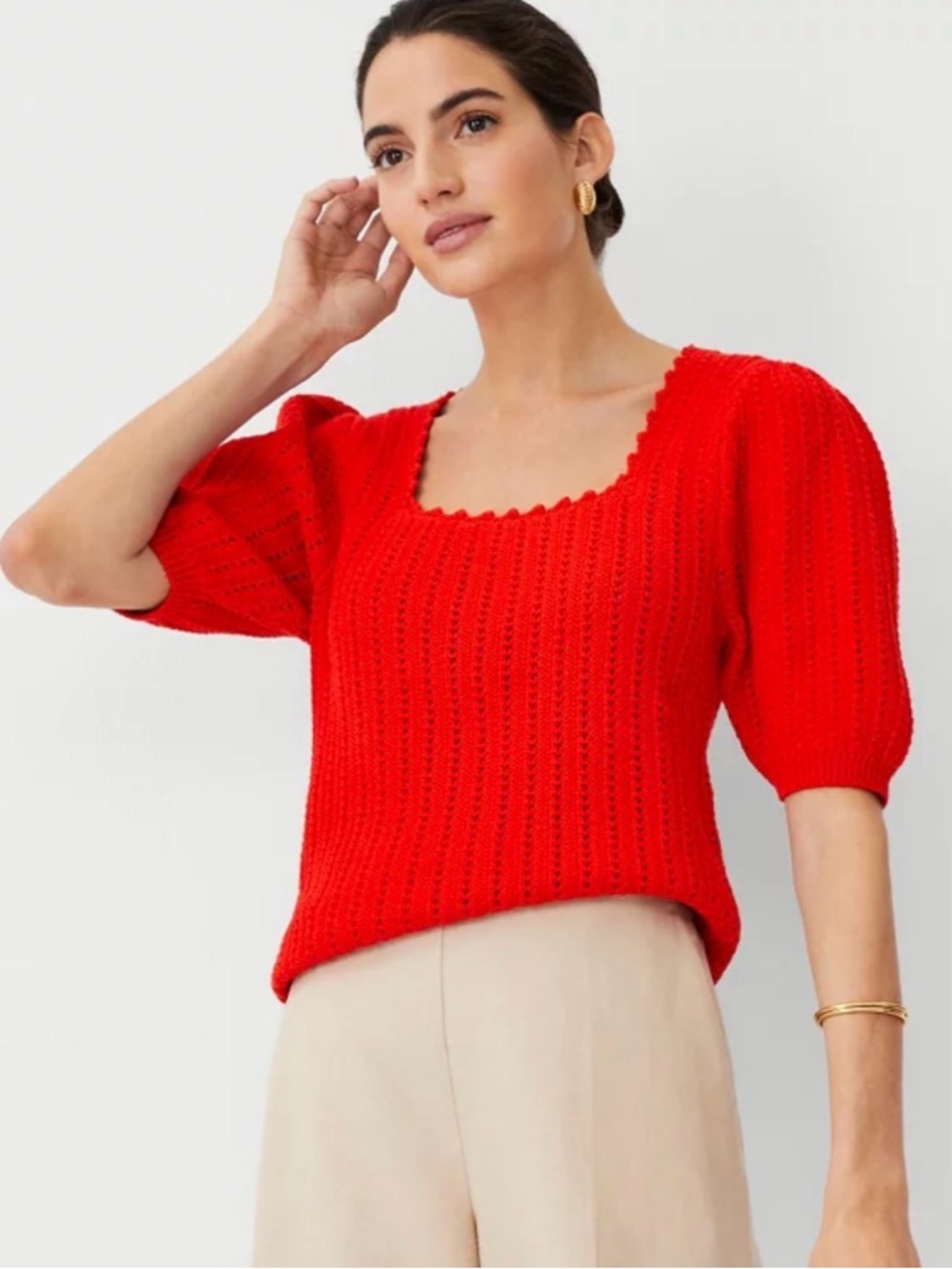 Ann Taylor Bright Red Knit Square Neck Puff Sleeve Sweater Top
